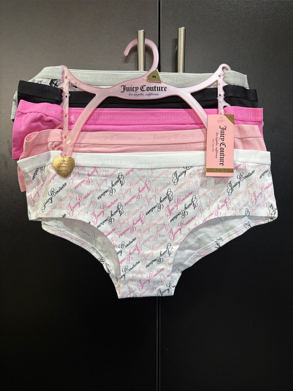 Juicy Couture 5 pack hipster cotton/spandex tag free, solid & pattern panties